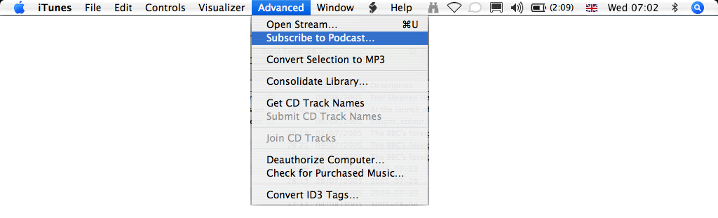 advanced menu, select subscrtibe to podcast